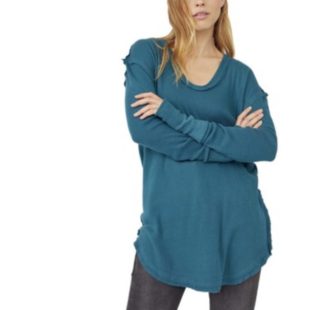 We the Free Colby Long Sleeve Tee Cotton Blend Teal Top Size XL Boho Thumb Holes